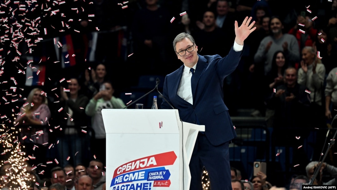 Serbian President Aleksandar Vucic gestures during a political rally of the Serbian Progressive Party (SNS) at the Stark Arena in Belgrade on December 2, ahead of the December 17 elections. 