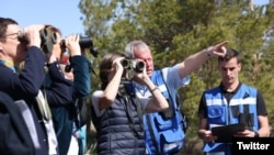 French Minister for Europe and Foreign Affairs Catherine Colonna (in the center) visited the Armenian town of Jermuk near the border with Azerbaijan on April 28, 2023.