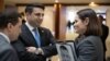 Belgium - Armenian parliament leader Alen Simonian talks to Belarusian opposition leader Svyatlana Tsikhanouskaya in Brussels, March 21, 2024.