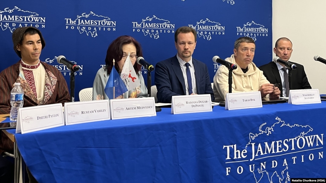 Members of the Forum of Post-Russia Free States speak at the Jamestown Foundation in Washington in April.