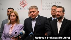 Роберт Фицо на прес-конференција по предвремените парламентарни избори во земјата, Братислава, Словачка, 1 октомври 2023 година