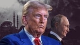 Участники акции протеста в Берлине в масках Дональда Трампа и Владимира Путина держат транспарант с лозунгом "Сделаем Россию снова великой"