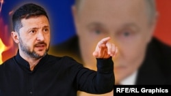 Ukrainian President Volodymyr Zelenskyy (forefront) and Russian President Vladimir Putin (background). Illustrative photo.