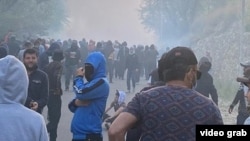 Protesters are seen in Khorugh, Tajikistan, on May 16.