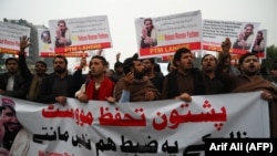 Supporters of Manzoor Pashteen, chief of the Pashtun Protection Movement (PTM), shout slogans during a protest against his detention in Lahore in January 2020.