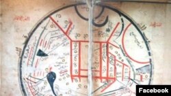 Теңир-Тоо, Ысык-Көл - дүйнө чордону. XI к. Махмуд Кашгари Барскани чийген картанын бөлүгү. 