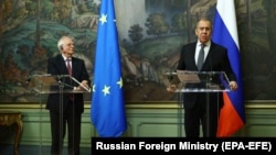 Եվրամիության արտգործնախարար Ջոզեպ Բորելև ՌԴ արտգործնախար Սերգել Լավրովը համատեղ մամուլի ասուլիսում։ Մոսկվա, 5--փետրվարի, 2021 