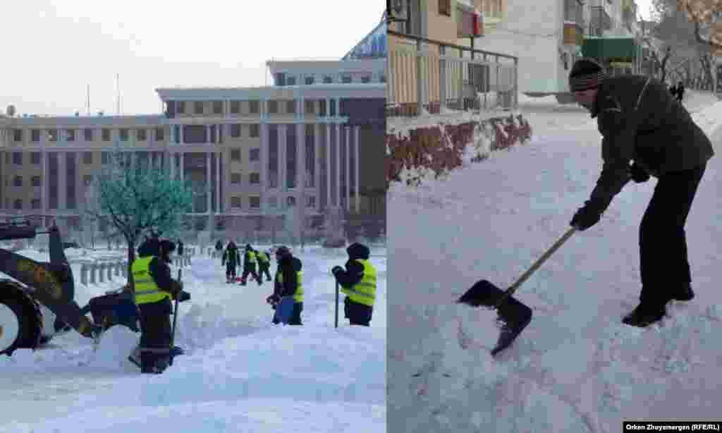 Қар күреп жүрген жұмысшылар мен өз ауласын өзі аршып жатқан тұрғын. 