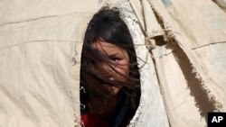 یک دختر افغان آواره که از جنگ طالبان گریخته است، حومه مزار شریف، ۸ ژوئیه ۲۰۲۱ 