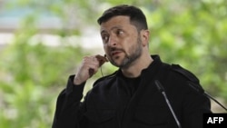 Ukrainian President Volodymyr Zelenskyy attends a press conference after a meeting of European leaders in the Ukrainian capital Kyiv on May 10.