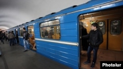 Armenia - A commuter train at a metro station in Yerevan, 4Dec2012.
