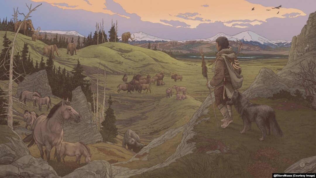 An illustration by Ettore Mazza for David Ian Howe's Ethnocynology website (https://www.davidianhowe.com/ethnocynology) depicting Howe's dog, Strider, with a human as the last ice age waned.