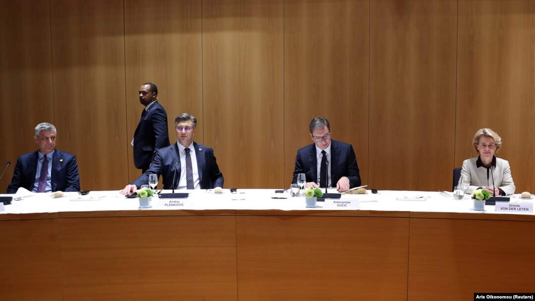 Kosovar President Hashim Thaci, Croatian Prime Minister Andrej Plenkovic, Serbian President Aleksandar Vucic, and European Commission President Ursula von der Leyen at an EU-Western Balkans briefing in Brussels earlier this year. 
