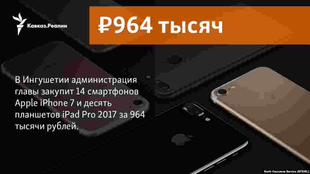 20.12.2017 // В Ингушетии администрация главы закупит 14 смартфонов Apple iPhone 7 и десять планшетов iPad Pro 2017 за 964 тысячи рублей