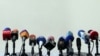 Armenia - TV and radio microphones set for a news conference in Yerevan