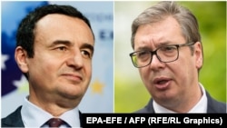 Prim Ministrul Albin Kurti (stânga) și președintele Serbiei Aleksandar Vucic (dreapta).