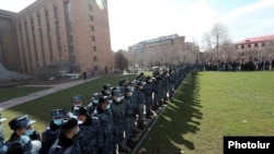 Armenia -- Riot police cordon off a government building during an opposition protest, Yerevan, February 23, 2021.