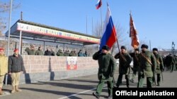 Armenia -- Russian troops in Armenia march at their headquarters in Gyumri, December 29, 2018.