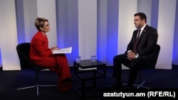 Armenian parliament speaker Alen Simonian is interviewed by RFE/RL, Prague, October 19, 2024.