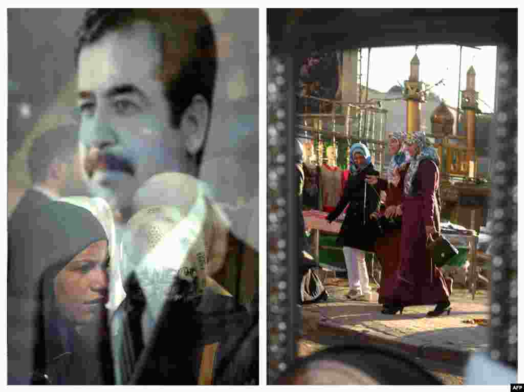 Majtas: Reflektimi i një gruaje mbi një portret të Saddam Husseinit, më 25 janar, 2003. Djathtas: Reflektimi i disa grave në një pasqyrë në Bagdad, 4 shkurt 2013.