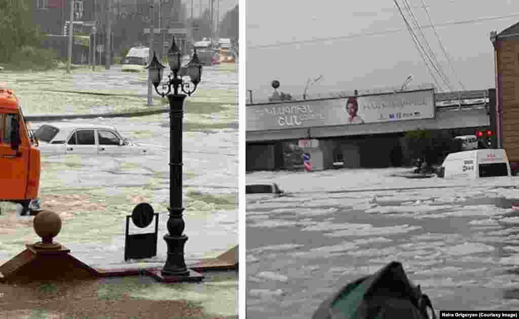Центр Ґюмрі – рівень води піднімається і град перетворюється в плавучі крижини. Наїра Григорян, яка управляє туристичною компанією в Ґюмрі, повідомила Радіо Свобода, що злива почалася близько 16:00 13 липня. Вона каже, що через кілька хвилин територія біля її будинку стала схожа на «крижаний океан», оскільки град засмітив стоки і в результаті утворилася повінь