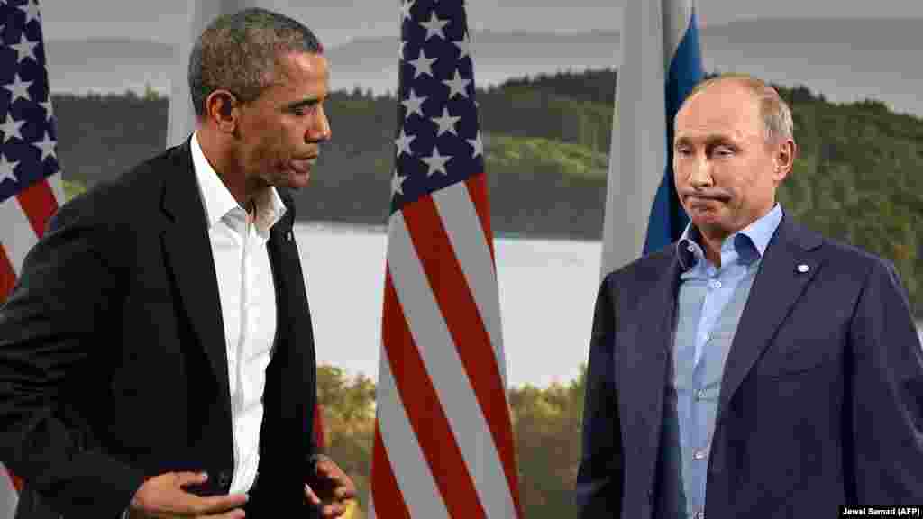 Президент России Владимир Путин и президент США Барак Обама на саммите G8 в Северной Ирландии (Великобритания). Июнь 2013 года. В 2014 году, после аннексии Крыма и начала украинского конфликта, Россия была исключена из "Большой восьмерки".
