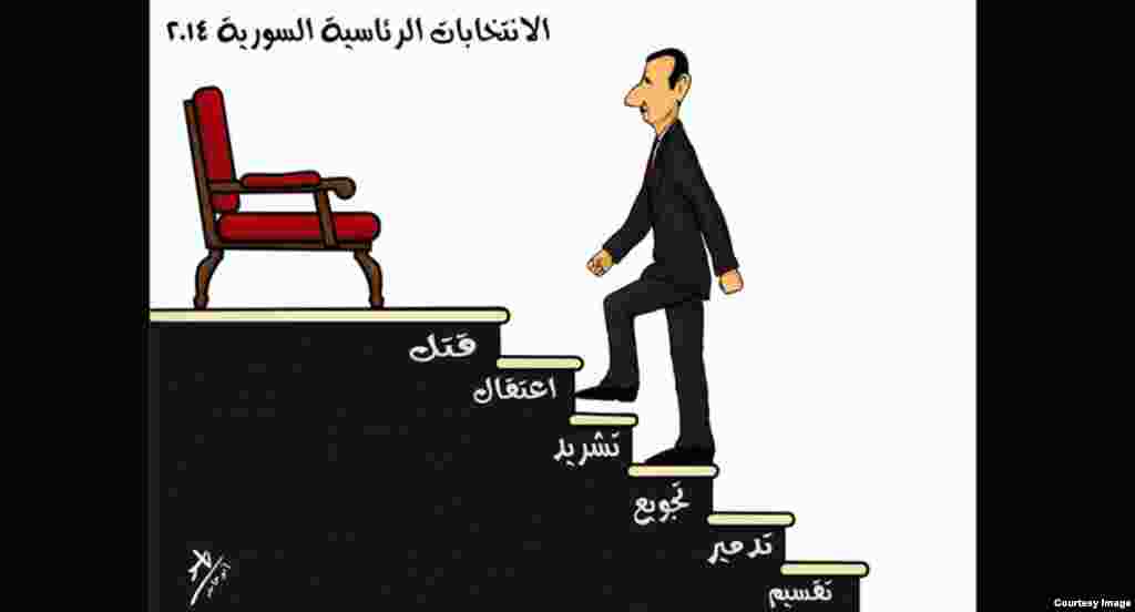 «پلکان ریاست جمهوری»؛ اثر یاسر ابو حامد، هنرمند سوری، فلسطینی. هر گام با واژه‌ای تعریف شده است:تفرقه، ویرانی، قحطی، آوارگی، زندان و قتل.