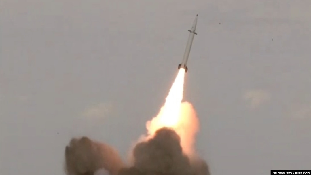 A short-range ballistic missile is test-launched by Iran's Islamic Revolutionary Guards Corps.